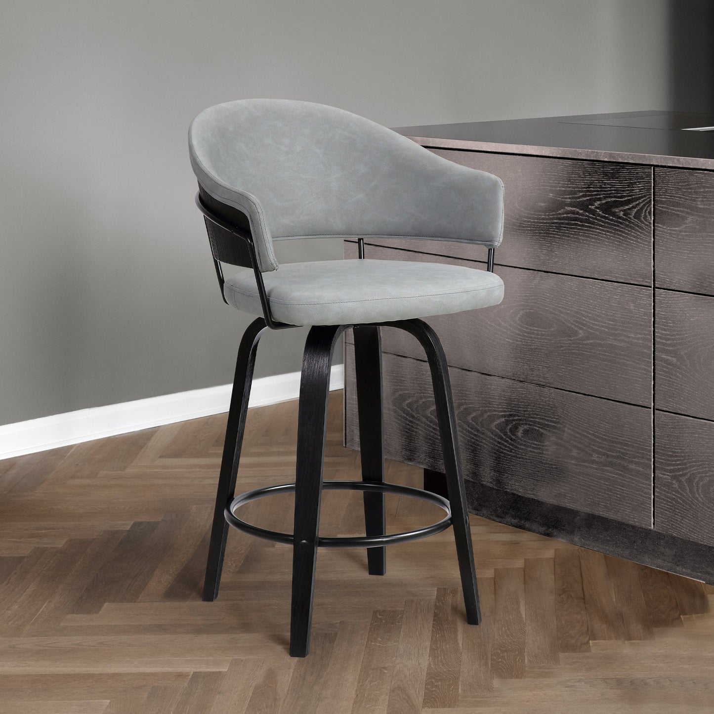 Doral 26" Light Gray Faux Leather Barstool in Black Powder Coated Finish and Black Brushed Wood