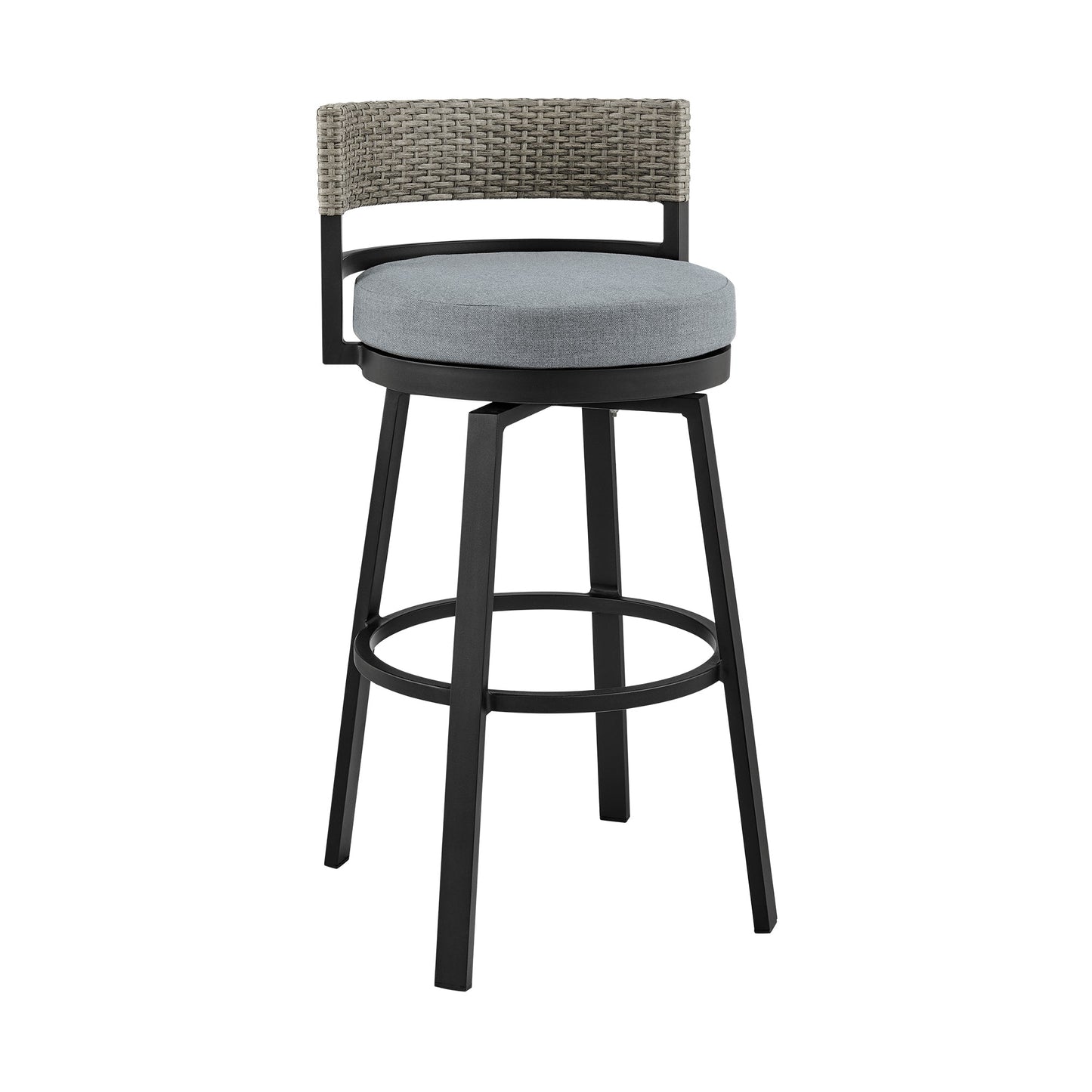 Encinitas Outdoor Patio Swivel Bar Stool in Aluminum and Wicker with Cushions