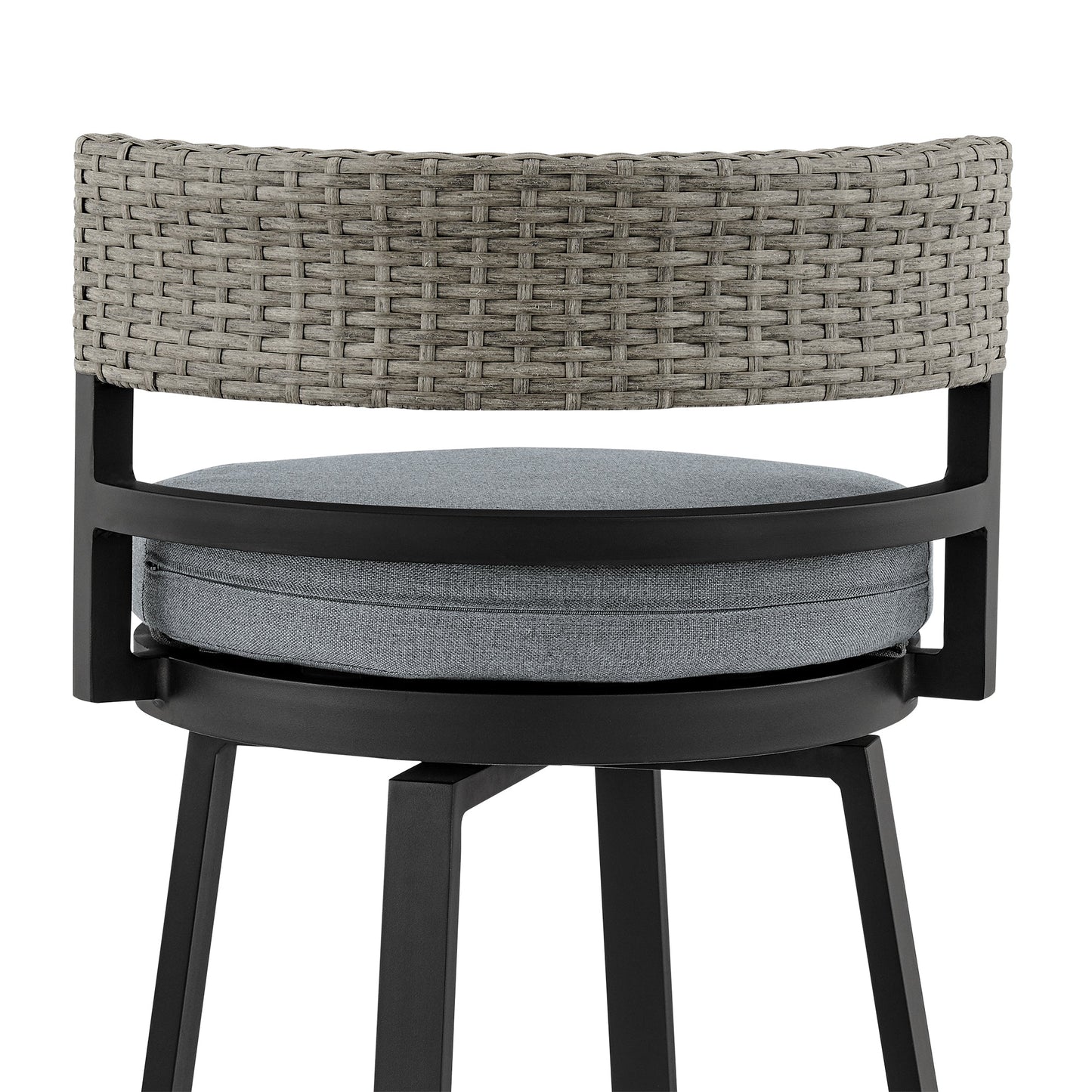 Encinitas Outdoor Patio Swivel Bar Stool in Aluminum and Wicker with Cushions