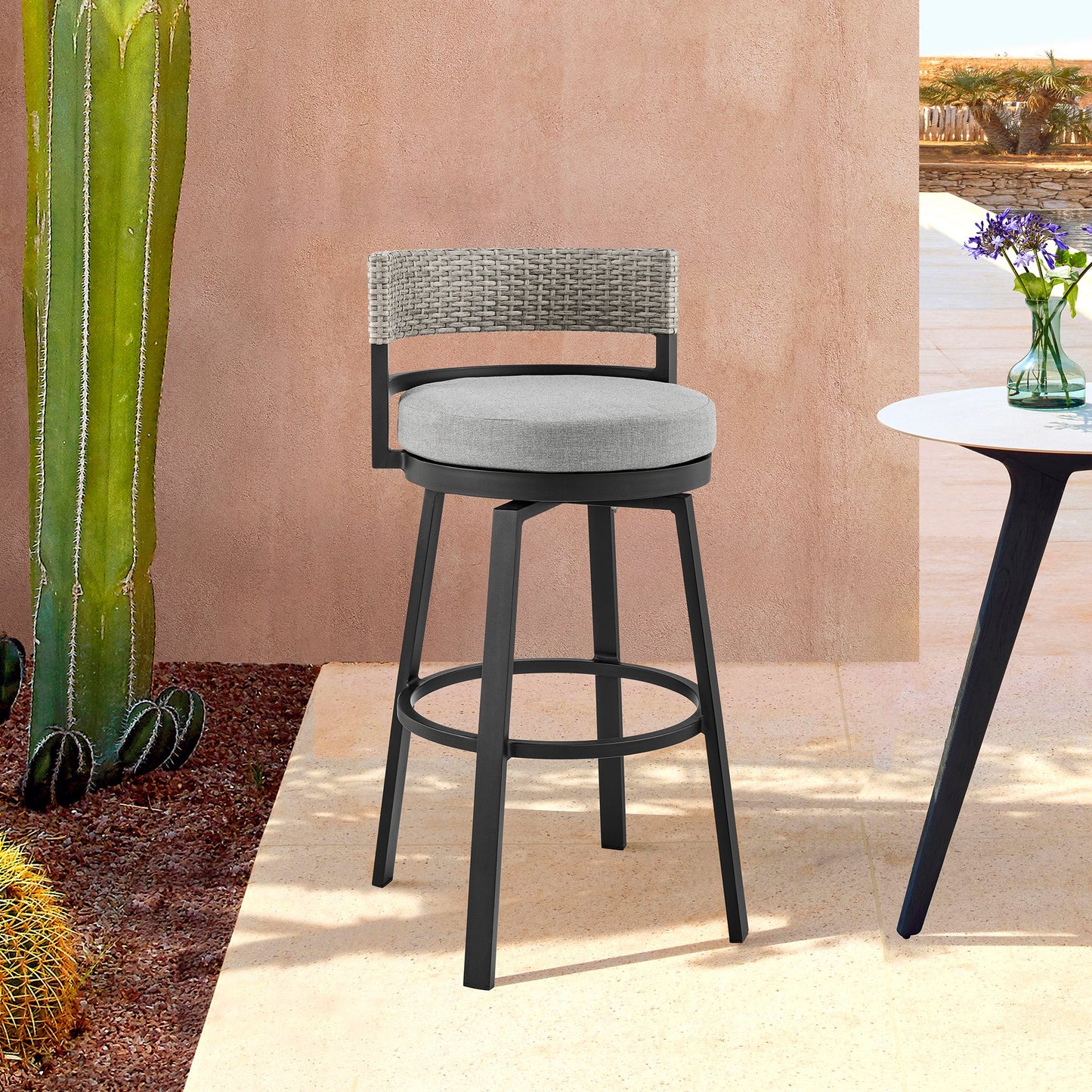 Encinitas Outdoor Patio Swivel Bar Stool in Aluminum and Wicker with Cushions