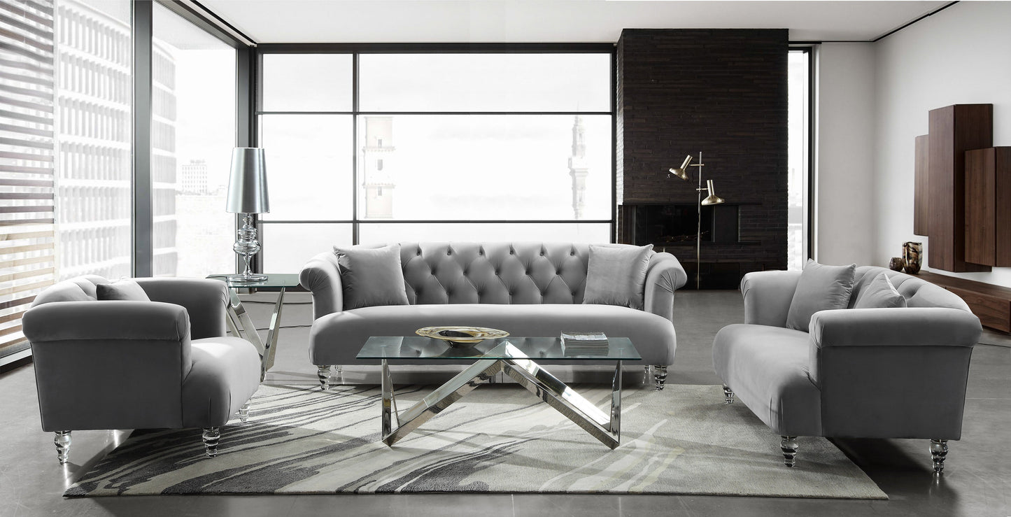 Elegance Contemporary Sofa in Gray Velvet with Acrylic Legs