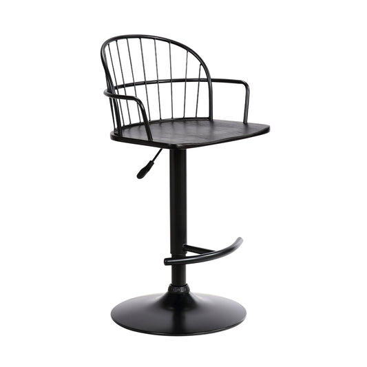 Edward Adjustable Wood and Metal Barstool in Black Powder Coated Finish