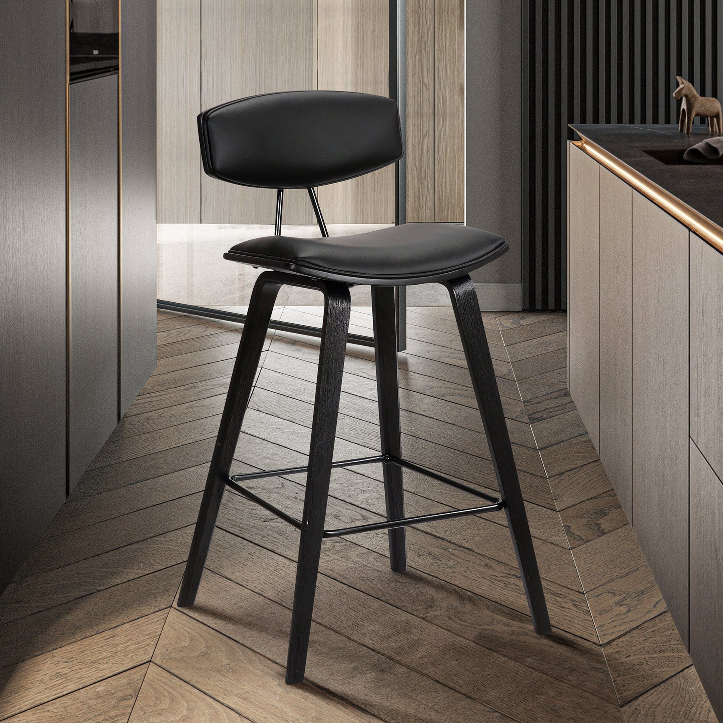 Fox Mid-Century Modern Bar Stool - Counter and Bar Height, Faux Leather and Wood