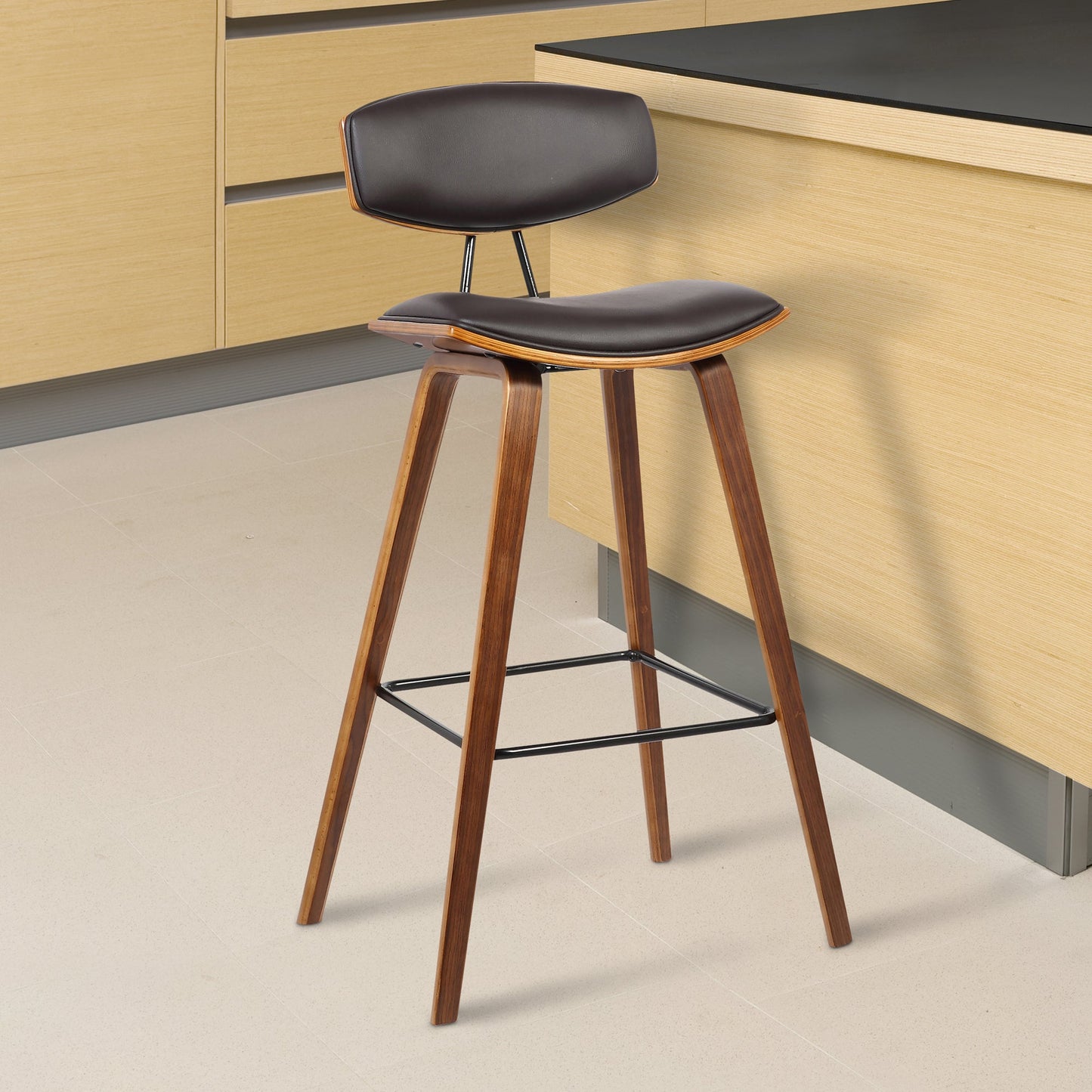 Fox Mid-Century Modern Bar Stool - Counter and Bar Height, Faux Leather and Wood