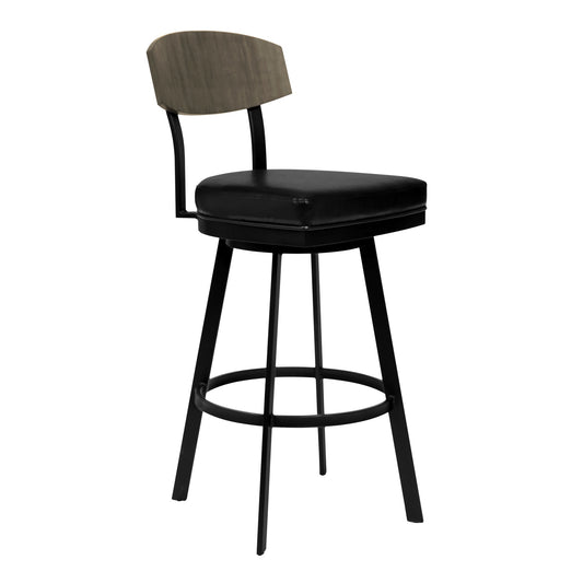 Frisco Barstool in Matte Black Finish with Black Faux Leather and Gray Walnut