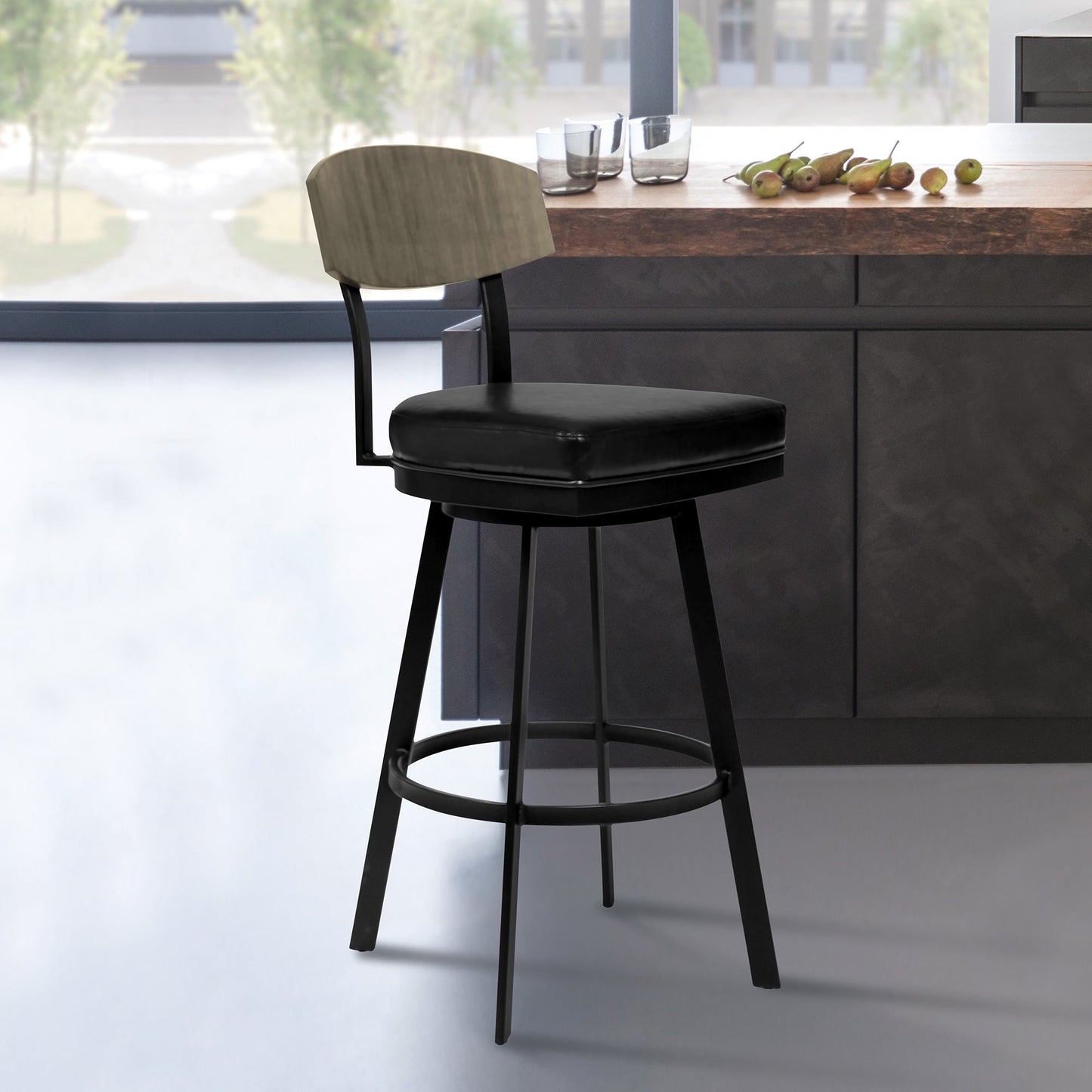 Frisco Barstool in Matte Black Finish with Black Faux Leather and Gray Walnut