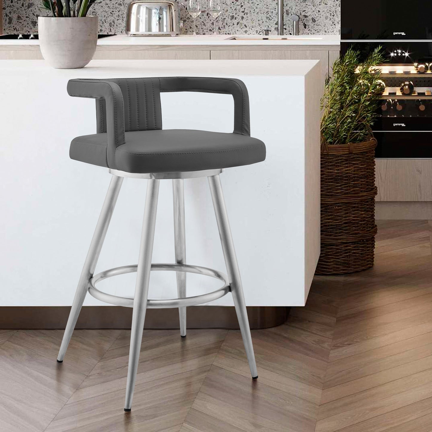 Gabriele Gray Faux Leather and Metal Swivel Bar Stool