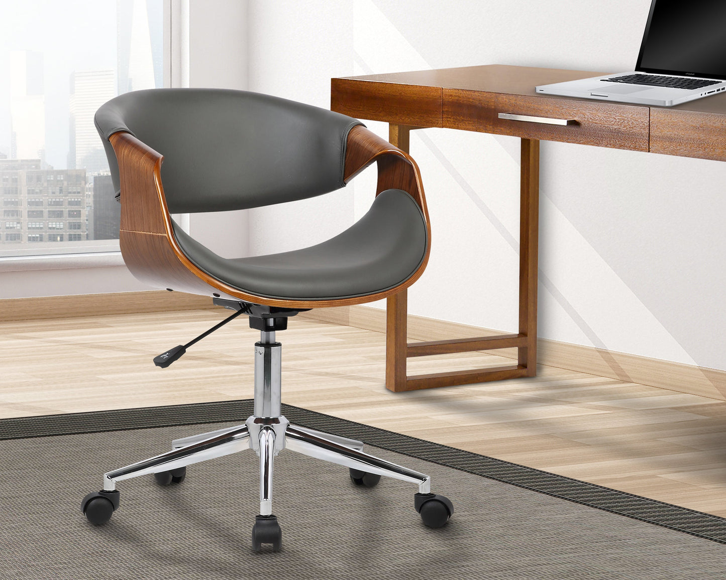 Geneva Mid-Century Office Chair in Chrome finish with Gray Faux Leather and Walnut Veneer Arms