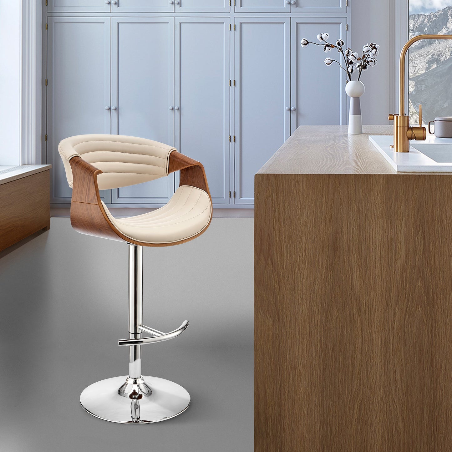 Gionni Adjustable Swivel Faux Leather Bar Stool with Wood and Chrome Bases