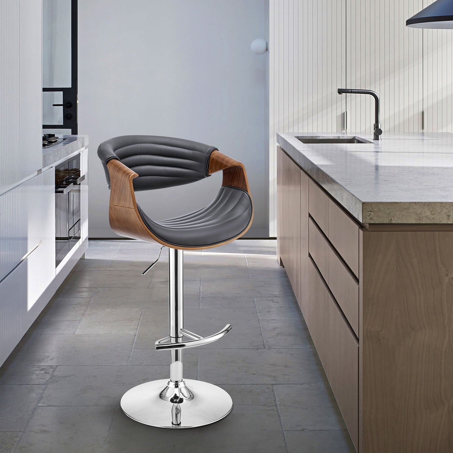 Gionni Adjustable Swivel Faux Leather Bar Stool with Wood and Chrome Bases