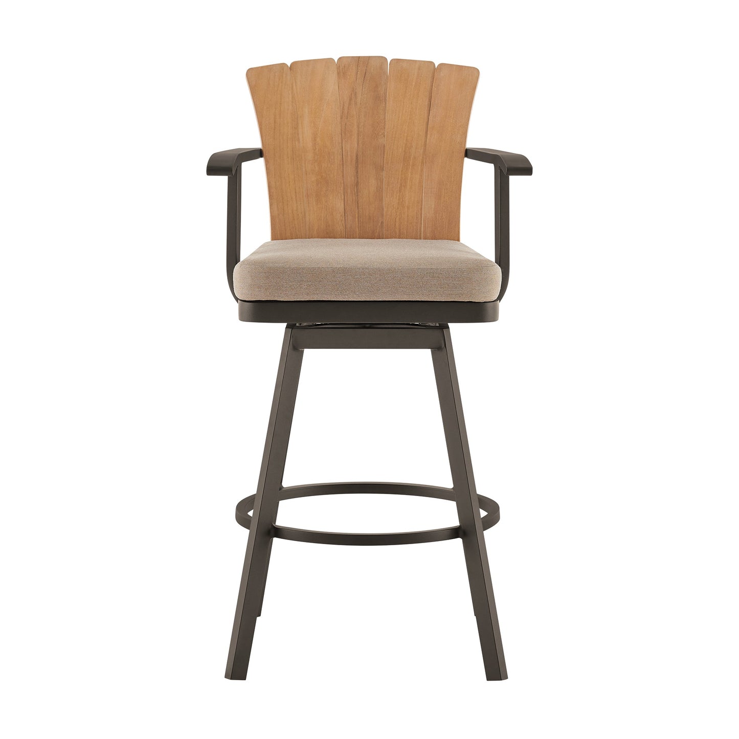 Hazel Outdoor Patio Swivel Stool in Aluminum with Teak Wood and Cushions