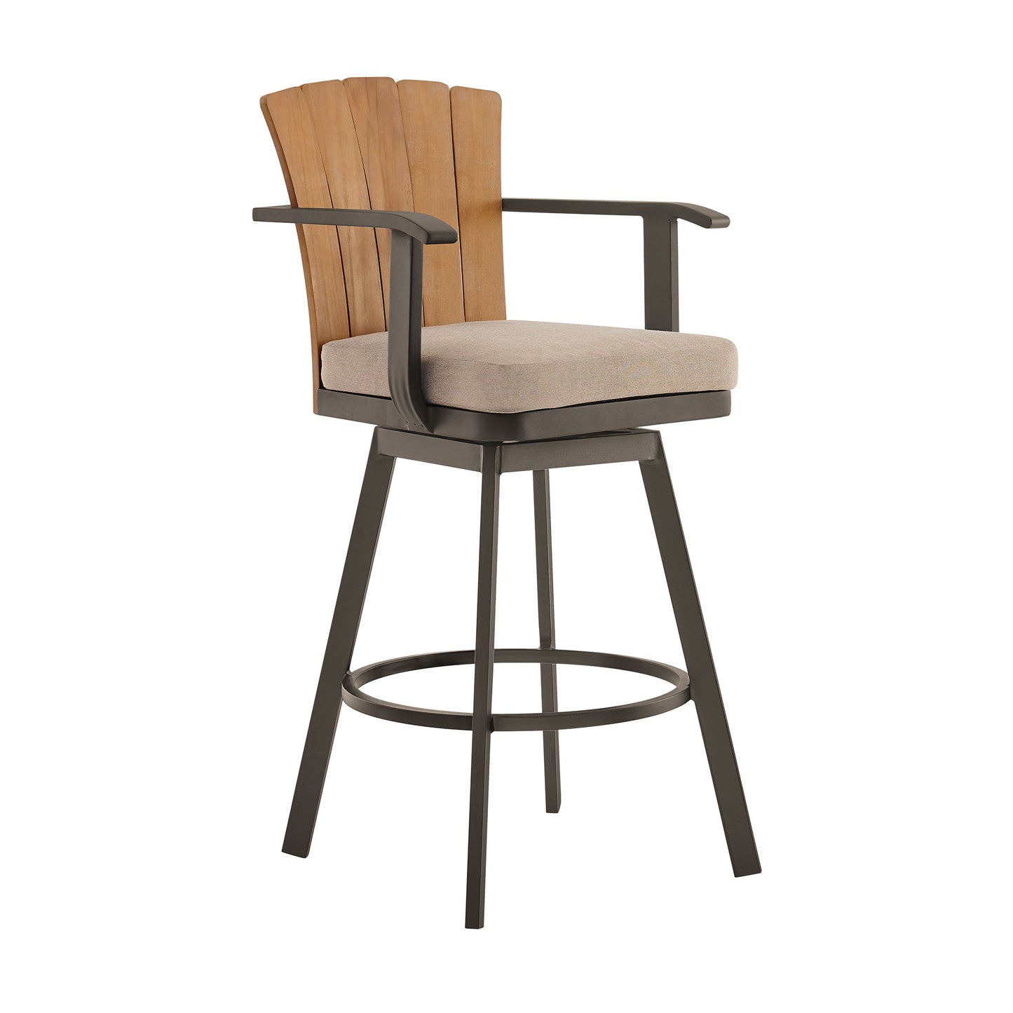 Hazel Outdoor Patio Swivel Stool in Aluminum with Teak Wood and Cushions
