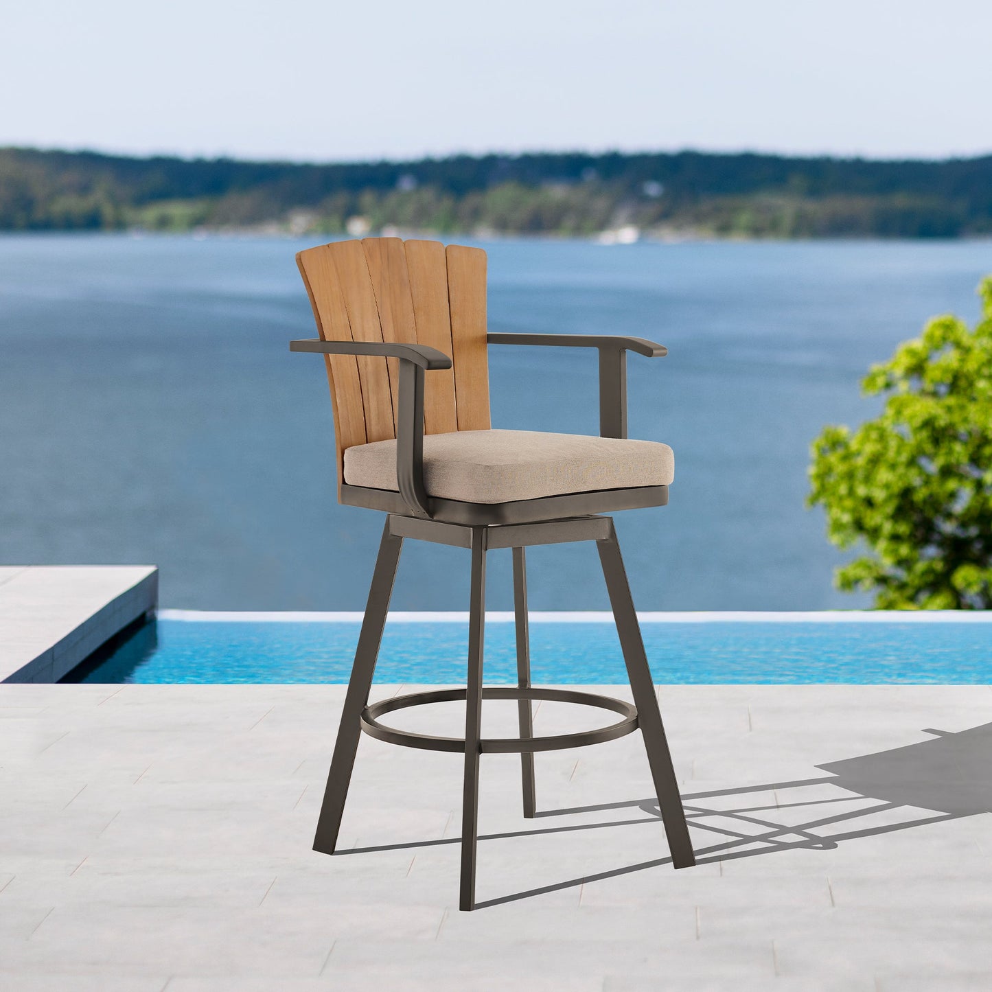 Hazel Outdoor Patio Swivel Stool in Aluminum with Teak Wood and Cushions