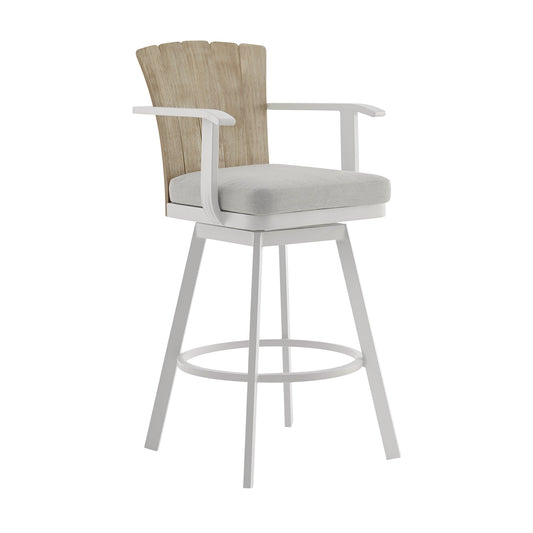 Hazel Outdoor Patio Swivel Stool in Aluminum with Teak Wood and Cushions
