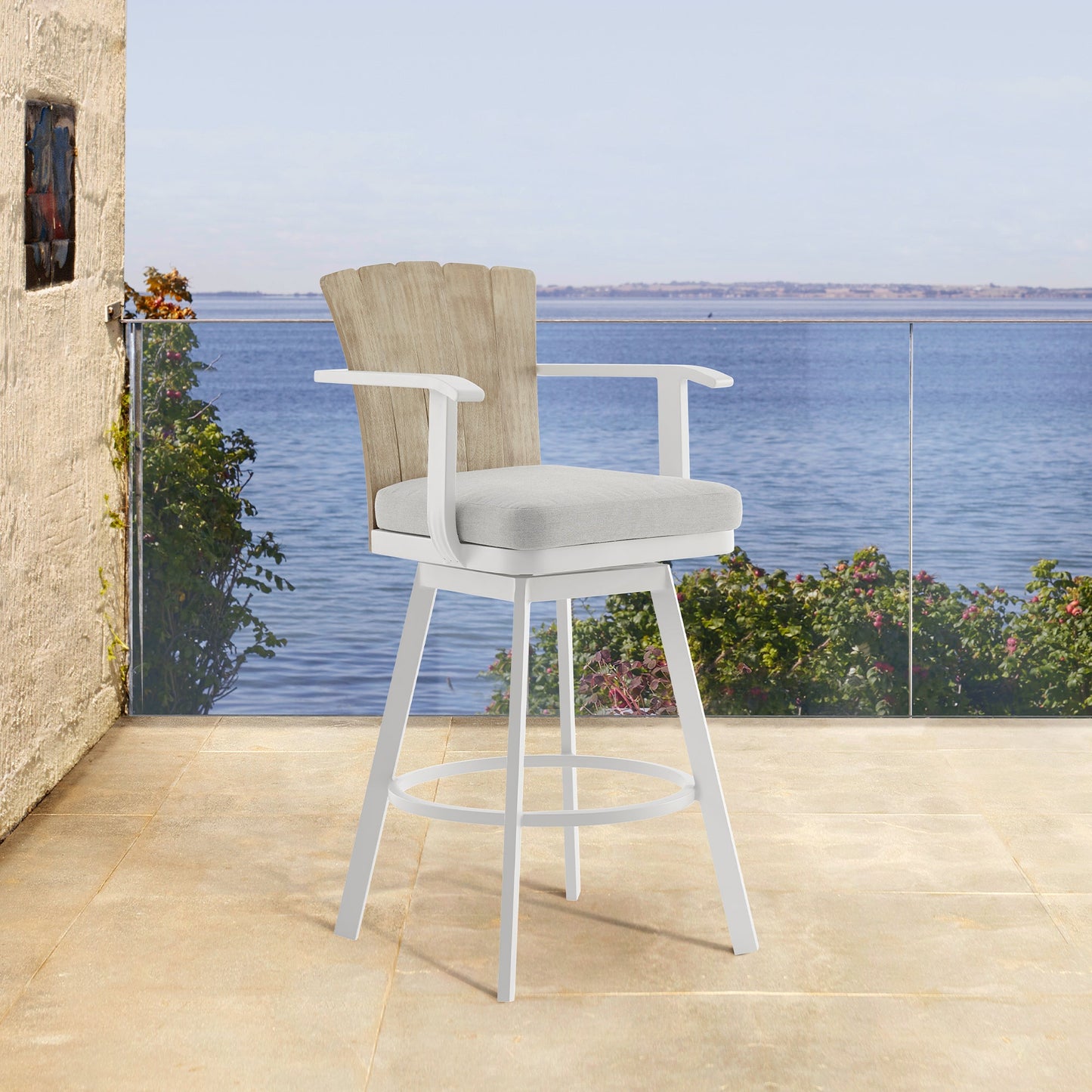 Hazel Outdoor Patio Swivel Stool in Aluminum with Teak Wood and Cushions