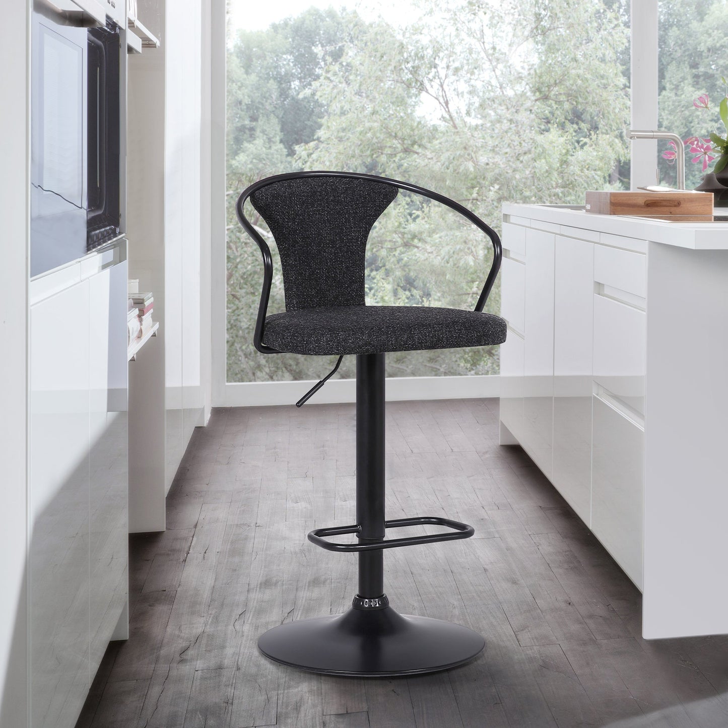 Ian Contemporary Adjustable Barstool in Black Powder Coated Finish and Black Fabric