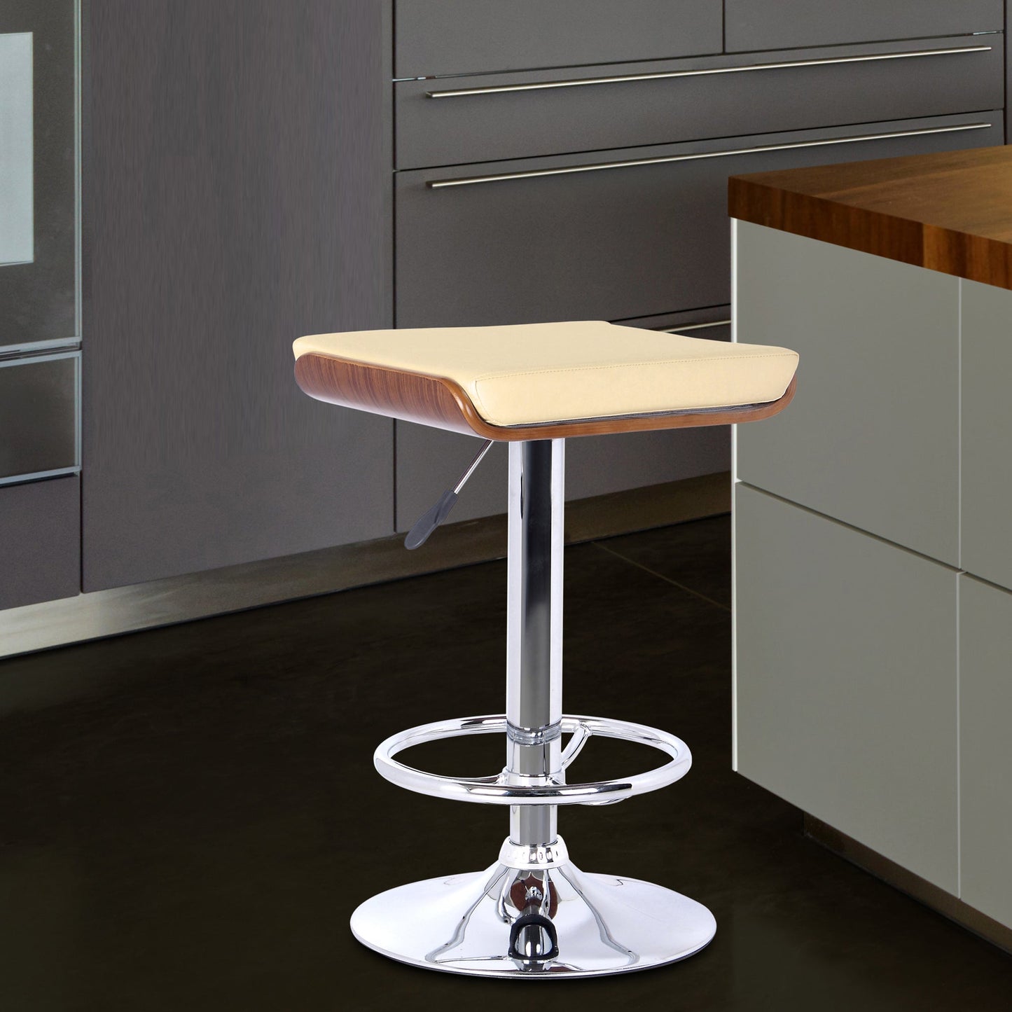 Java Barstool in Chrome Finish with Walnut Wood and Faux Leather