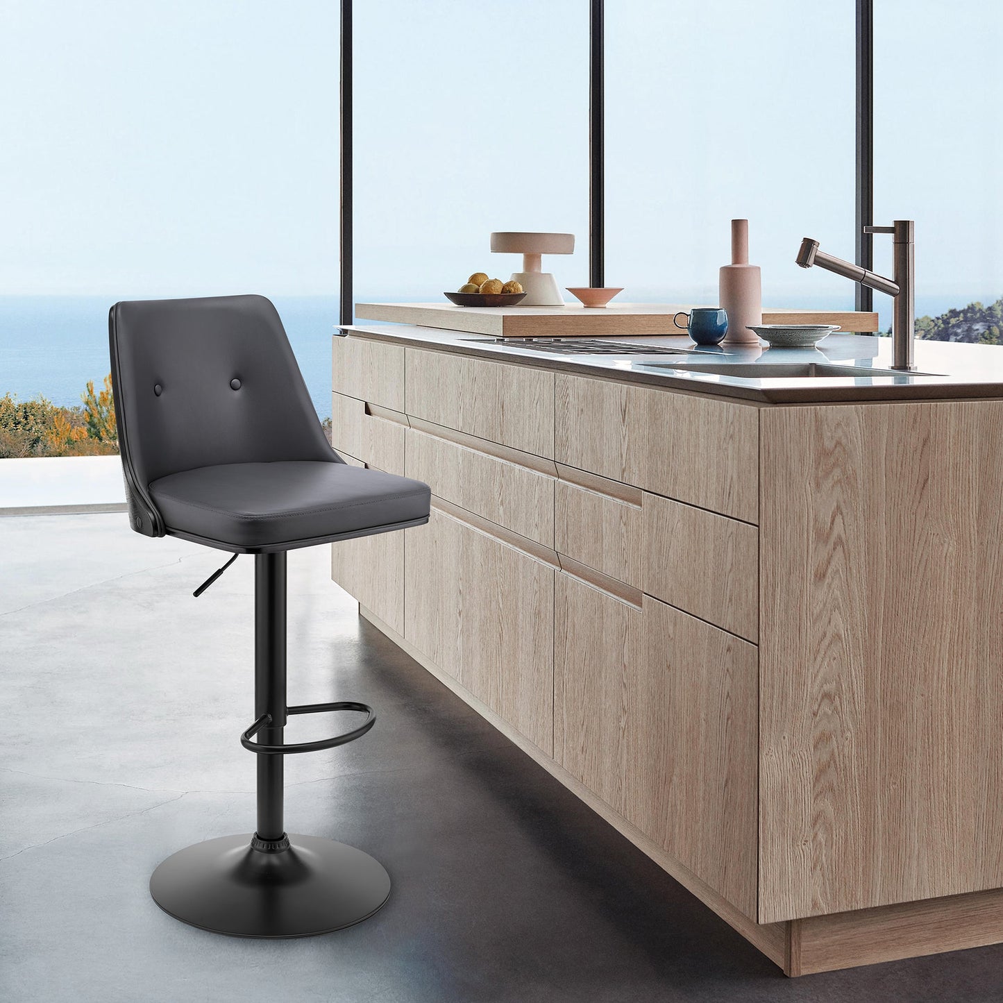 Jacob Adjustable and Swivel Faux Leather and Wood Bar Stool with Chrome and Black Base