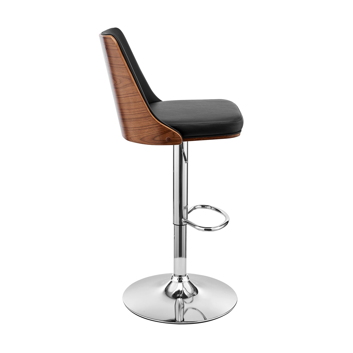 Jacob Adjustable and Swivel Faux Leather and Wood Bar Stool with Chrome and Black Base