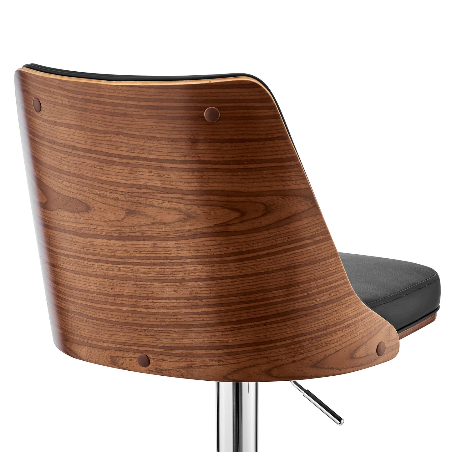 Jacob Adjustable and Swivel Faux Leather and Wood Bar Stool with Chrome and Black Base