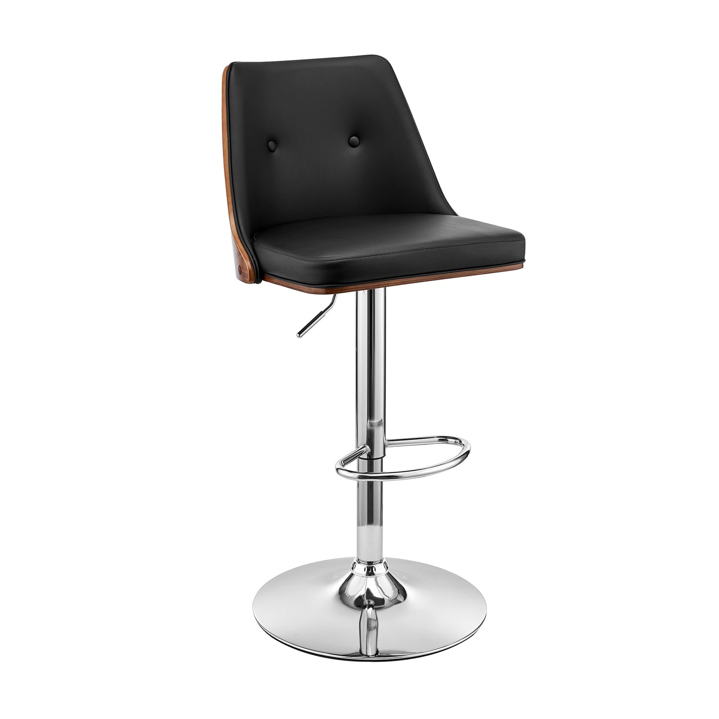 Jacob Adjustable and Swivel Faux Leather and Wood Bar Stool with Chrome and Black Base