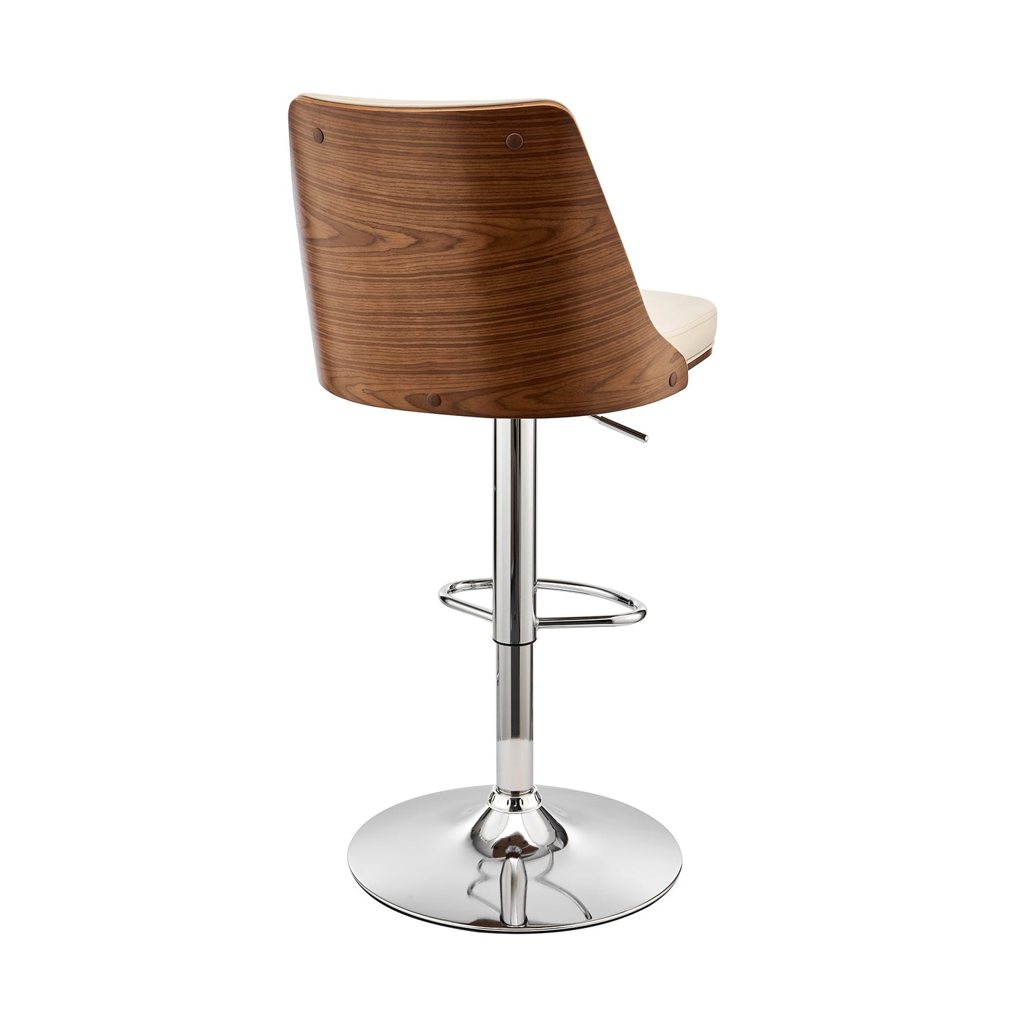 Jacob Adjustable and Swivel Faux Leather and Wood Bar Stool with Chrome and Black Base