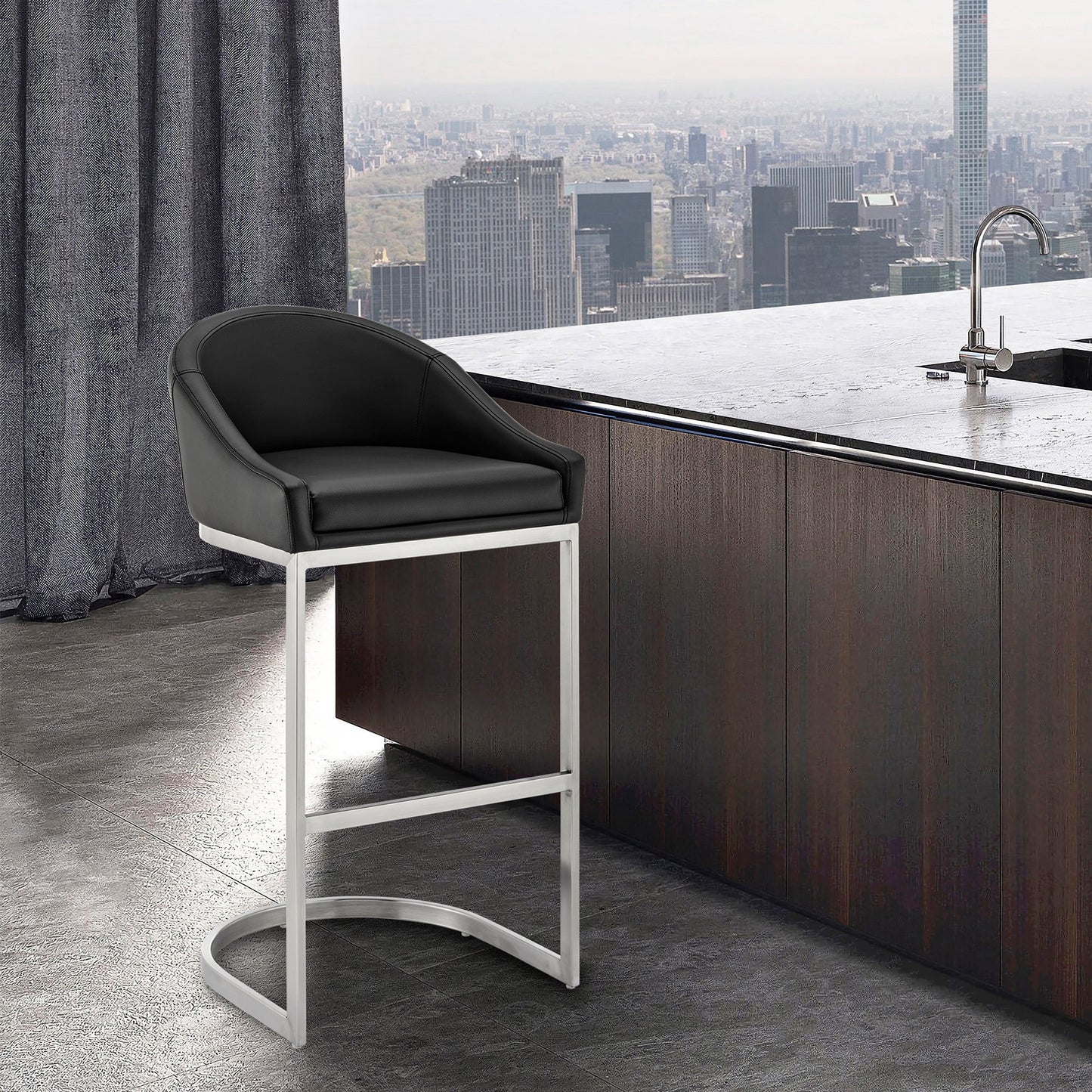 Katherine Counter and Bar Stool in Brushed Stainless Steel with Faux Leather