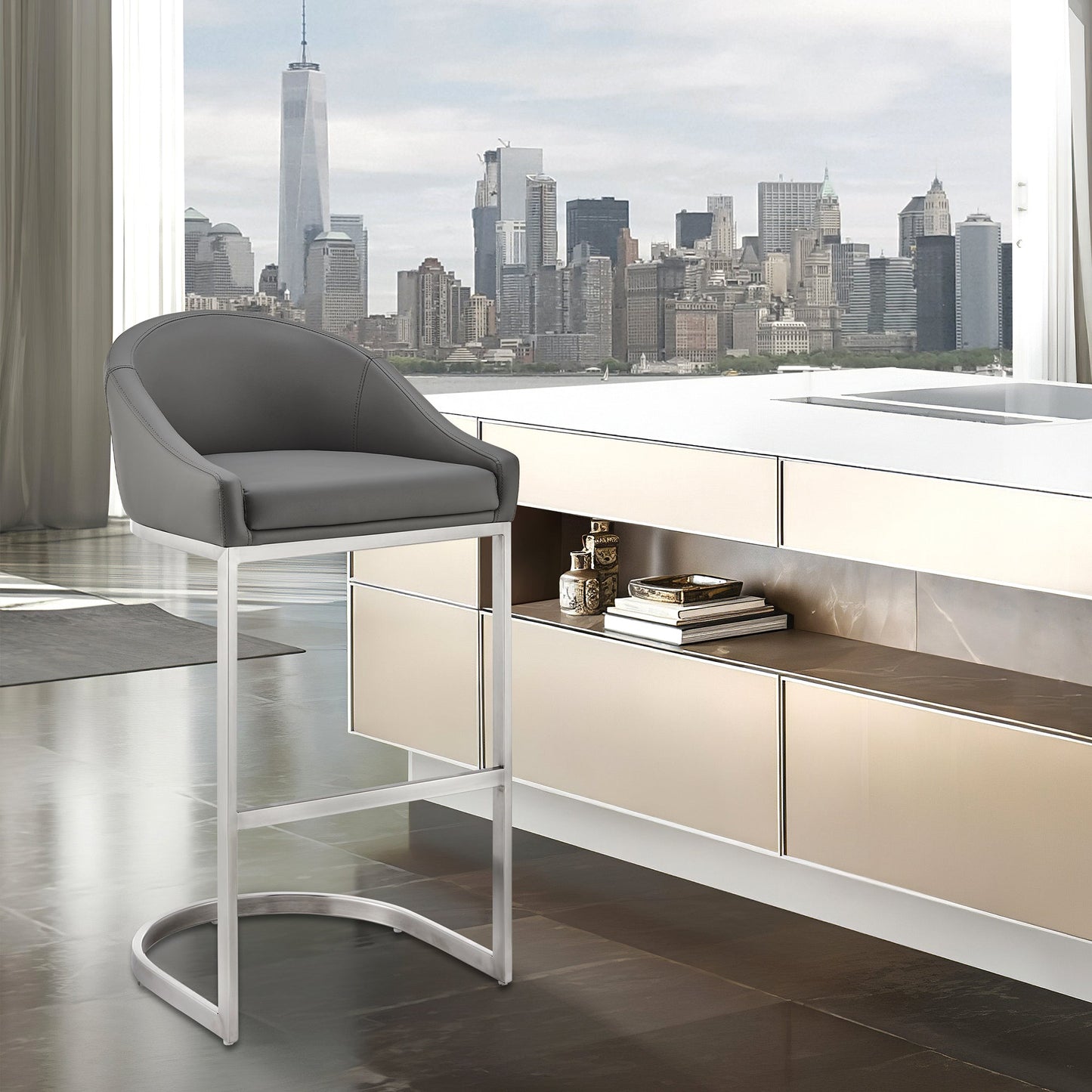 Katherine Counter and Bar Stool in Brushed Stainless Steel with Faux Leather