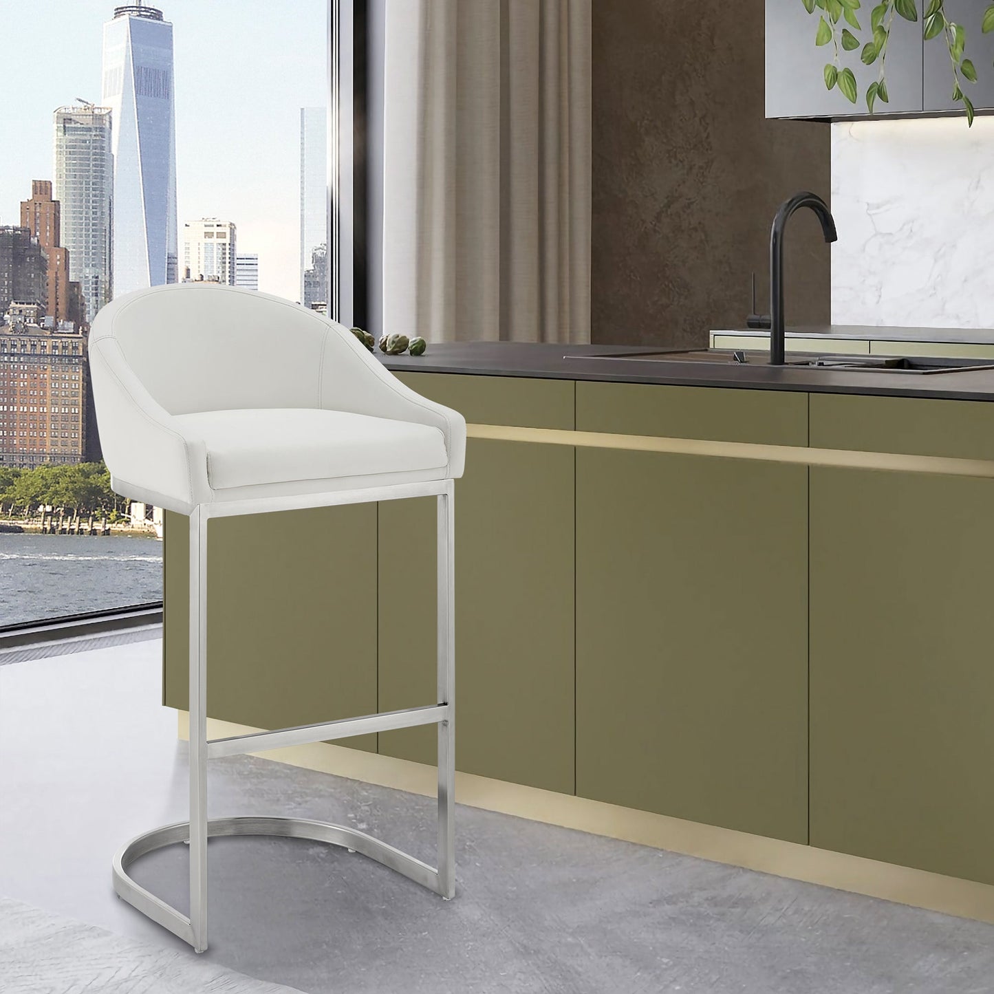 Katherine Counter and Bar Stool in Brushed Stainless Steel with Faux Leather