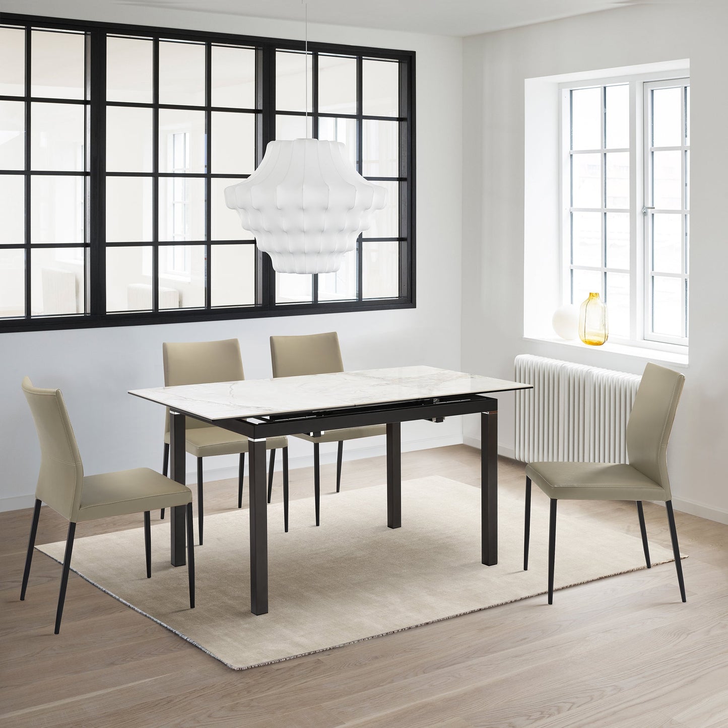 Kash Upholstered Dining Chair in Taupe Gray Faux Leather and Black Metal Legs - Set of 2