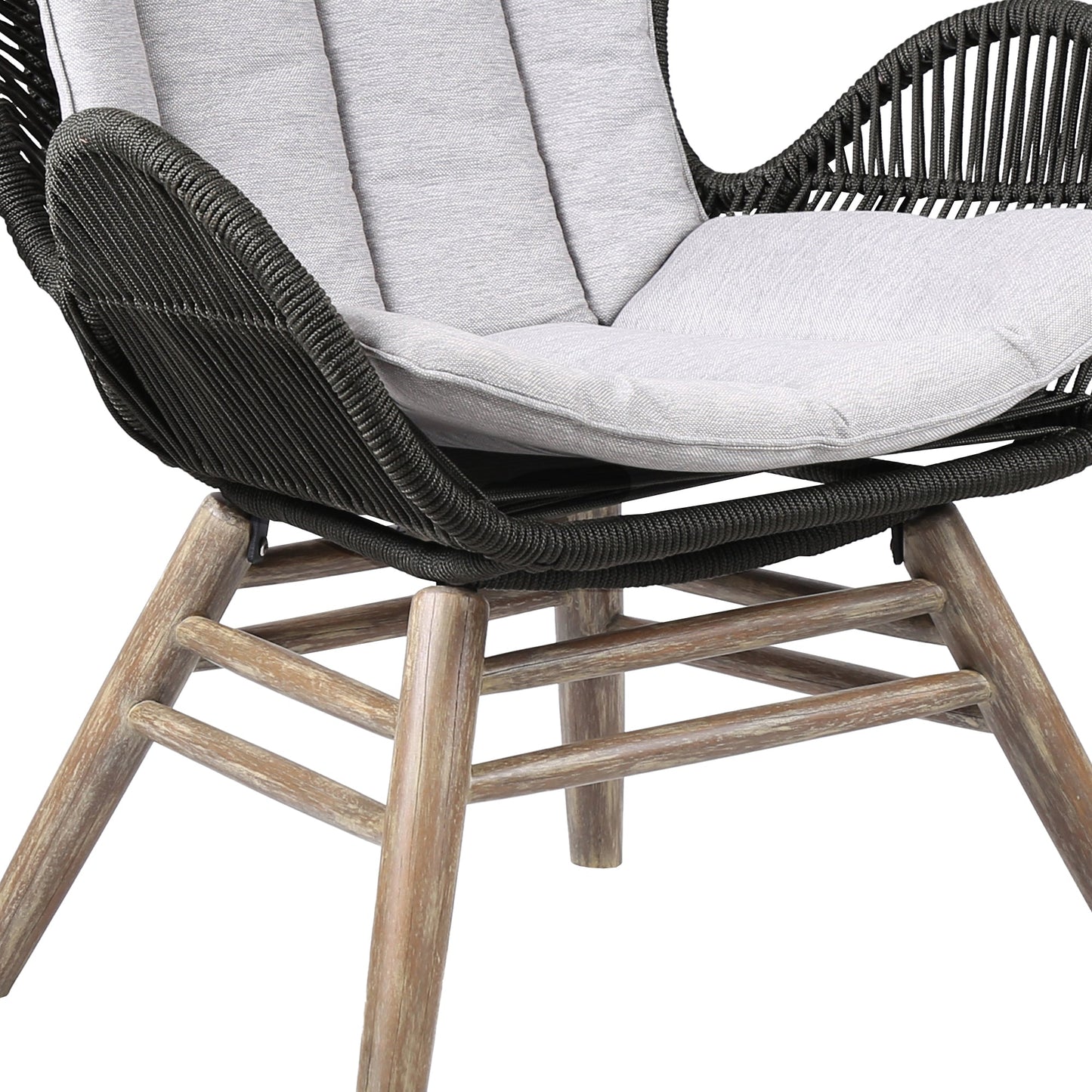 King Indoor Outdoor Lounge Chair in Light Eucalyptus Wood with Charcoal Rope and Gray Cushion