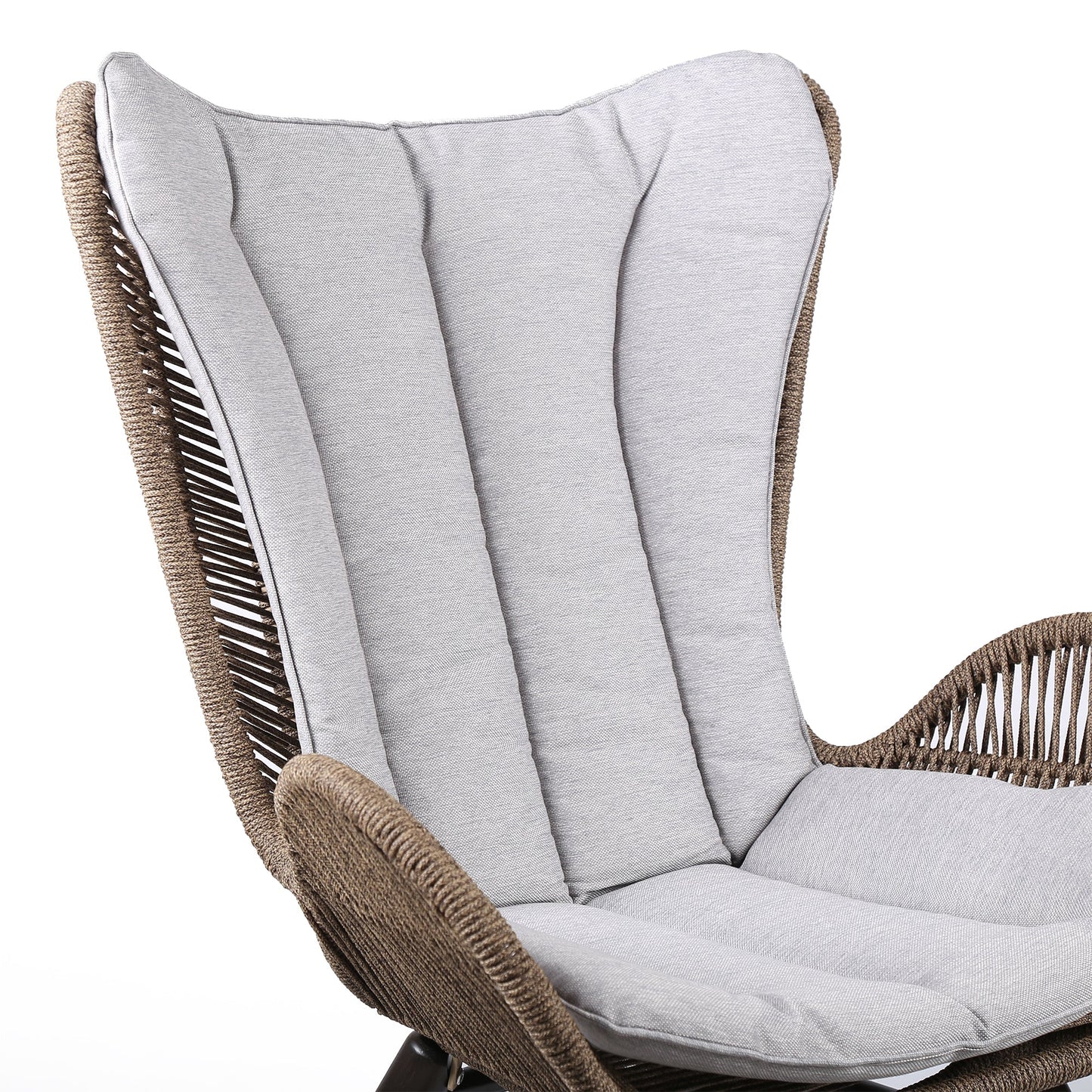 King Indoor Outdoor Lounge Chair in Dark Eucalyptus Wood with Truffle Rope and Gray Cushion