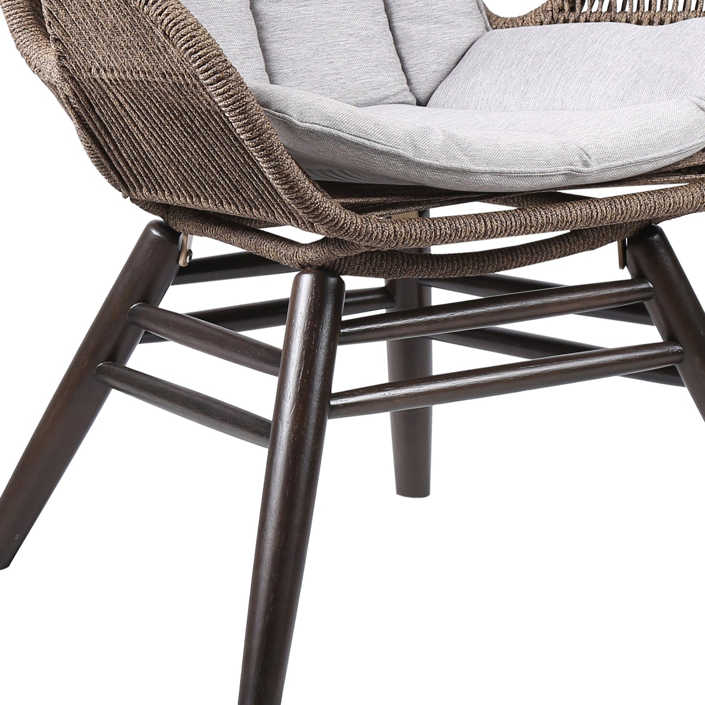 King Indoor Outdoor Lounge Chair in Dark Eucalyptus Wood with Truffle Rope and Gray Cushion