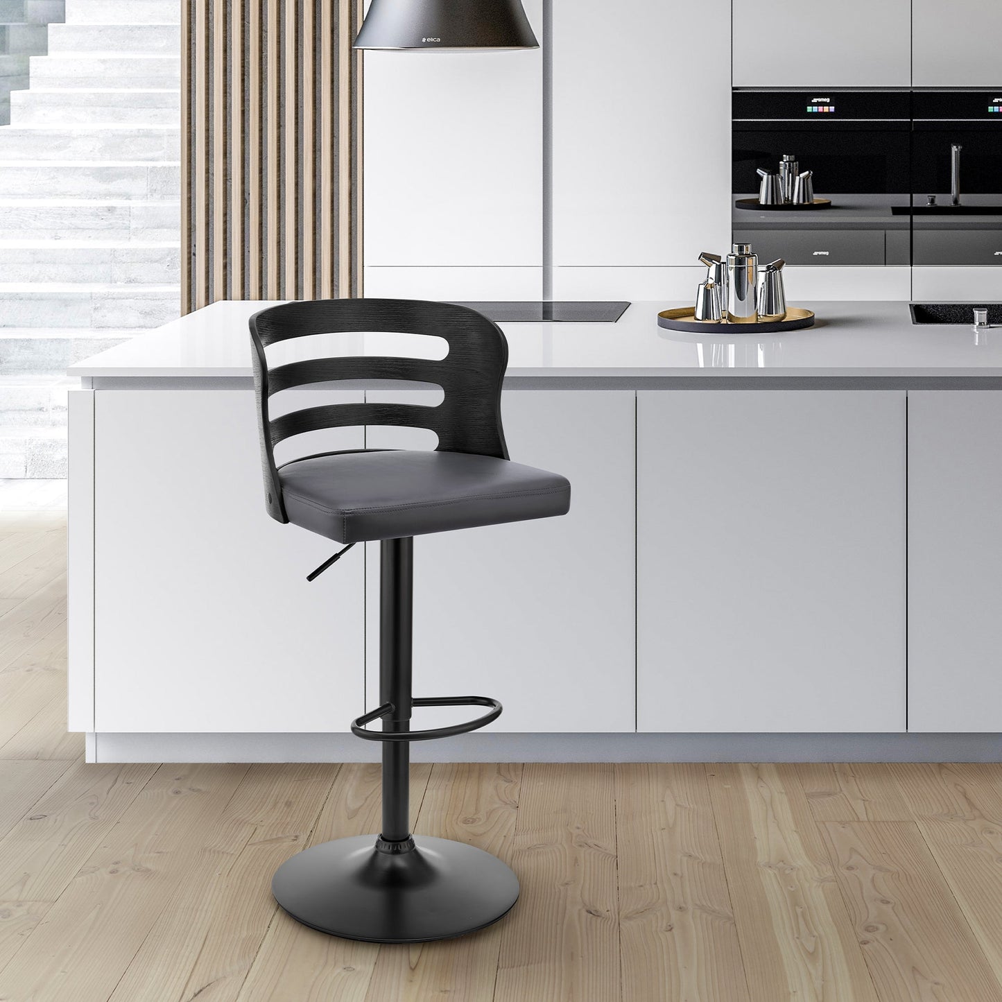 Khalia Adjustable Swivel Faux Leather and Wood Bar Stool with Chrome and Black Base