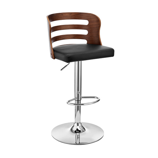 Khalia Adjustable Swivel Faux Leather and Wood Bar Stool with Chrome and Black Base