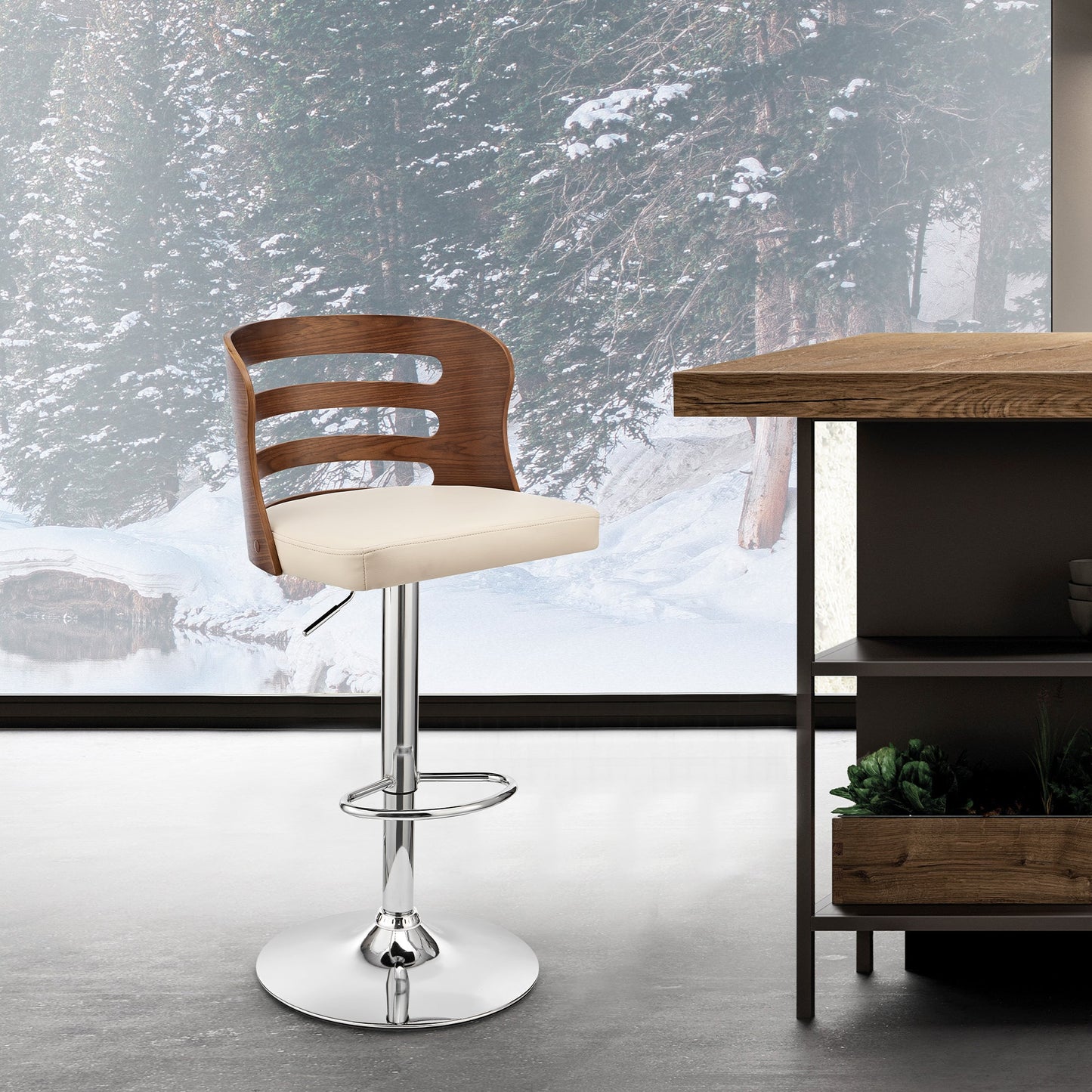 Khalia Adjustable Swivel Faux Leather and Wood Bar Stool with Chrome and Black Base