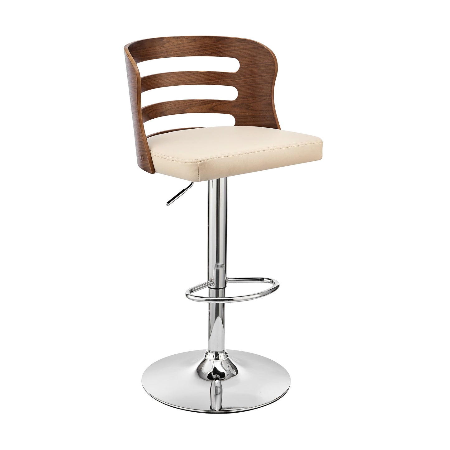 Khalia Adjustable Swivel Faux Leather and Wood Bar Stool with Chrome and Black Base