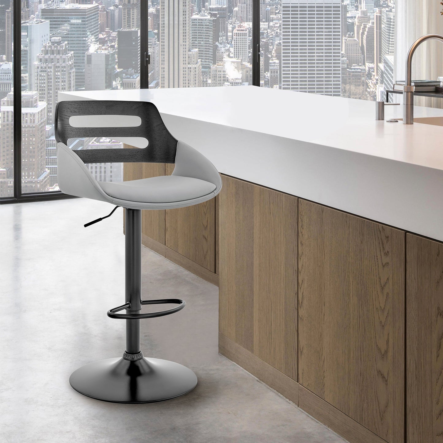 Karter Adjustable Faux Leather and Wood Bar Stool with Chrome and Black Base