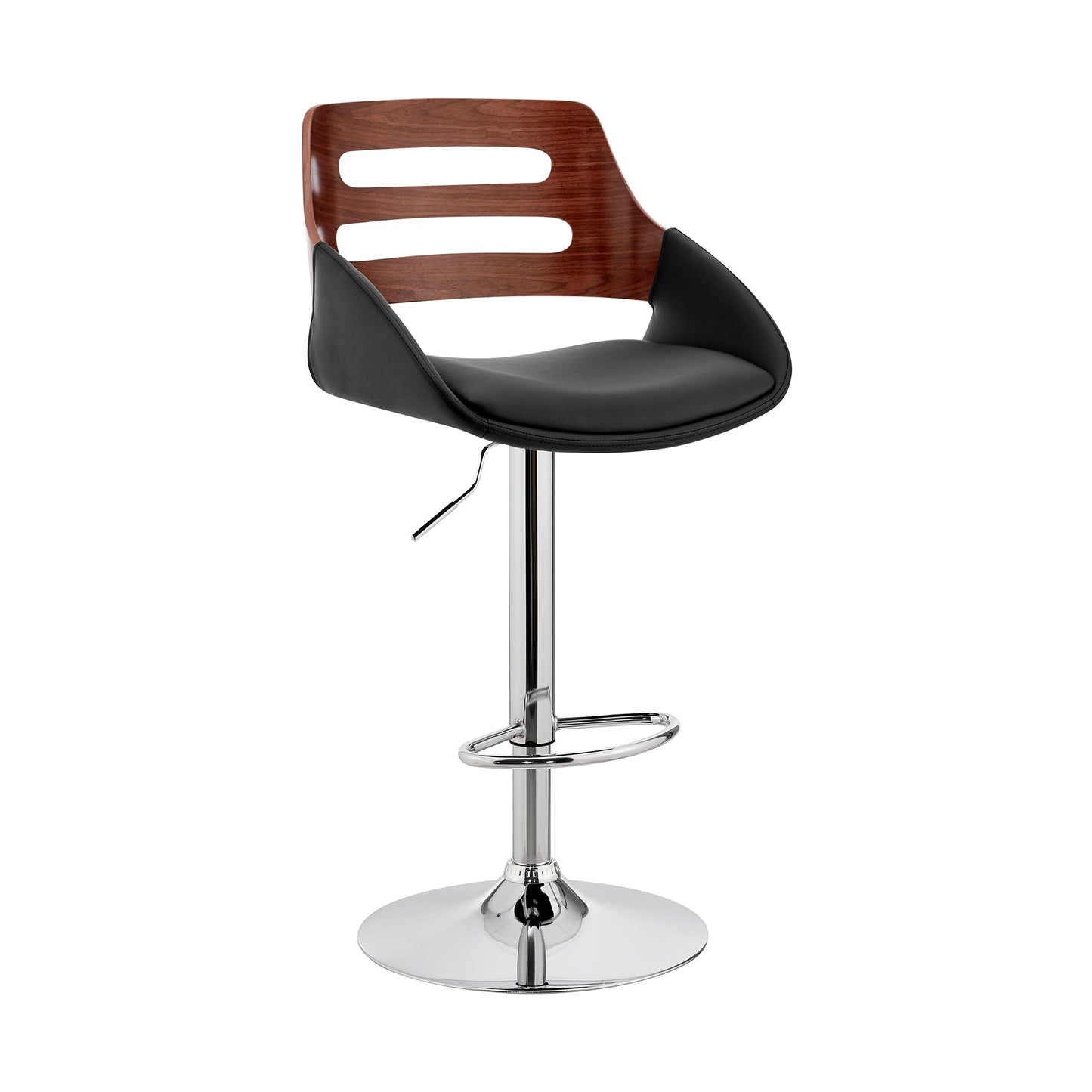 Karter Adjustable Faux Leather and Wood Bar Stool with Chrome and Black Base