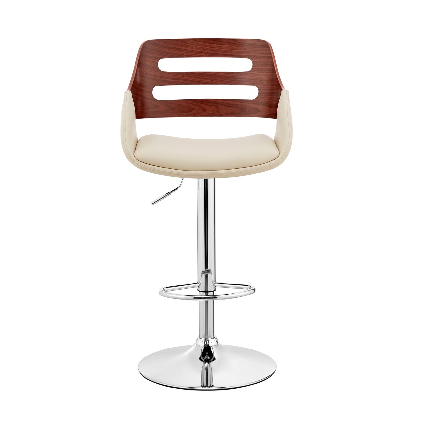 Karter Adjustable Faux Leather and Wood Bar Stool with Chrome and Black Base