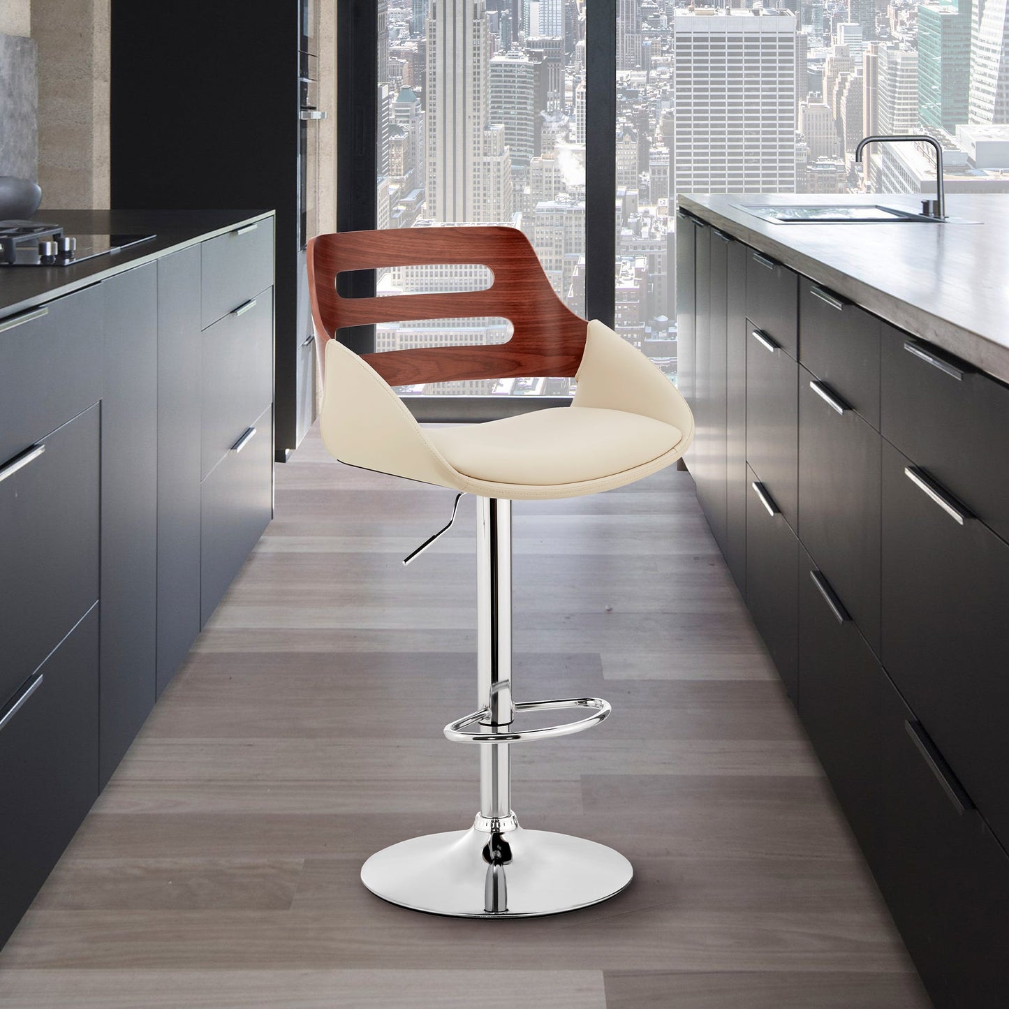 Karter Adjustable Faux Leather and Wood Bar Stool with Chrome and Black Base