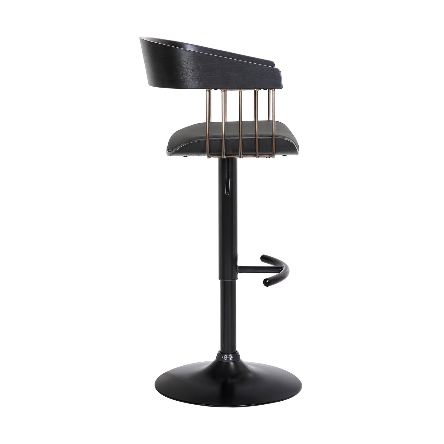 Larisa Adjustable Wood Bar Stool in Faux Leather with Golden Bronze and Black Metal