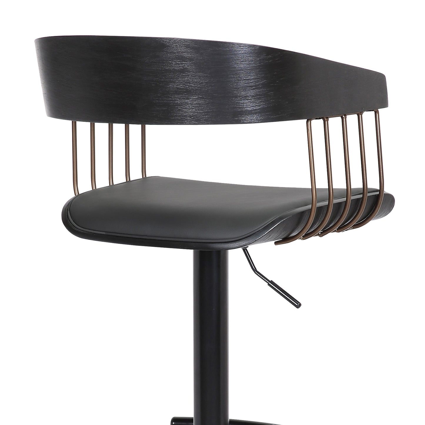 Larisa Adjustable Wood Bar Stool in Faux Leather with Golden Bronze and Black Metal