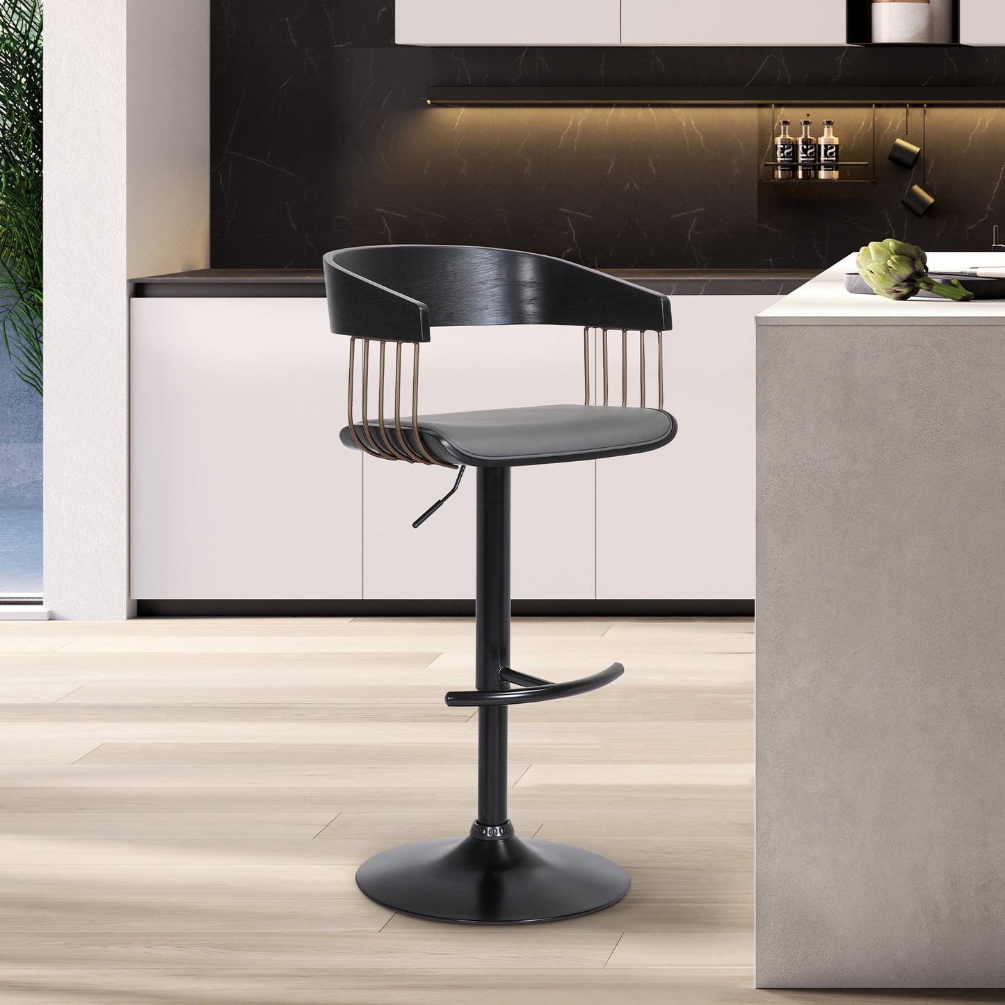 Larisa Adjustable Wood Bar Stool in Faux Leather with Golden Bronze and Black Metal