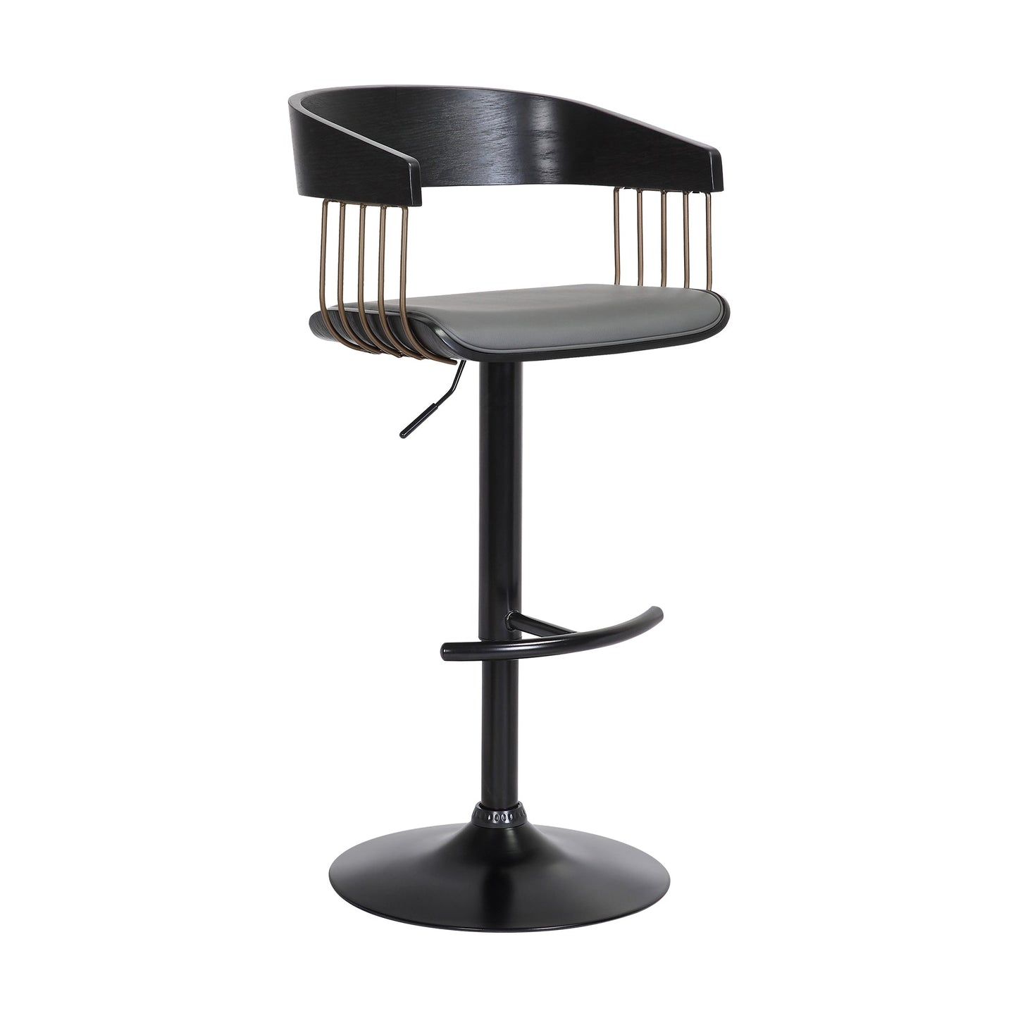 Larisa Adjustable Wood Bar Stool in Faux Leather with Golden Bronze and Black Metal