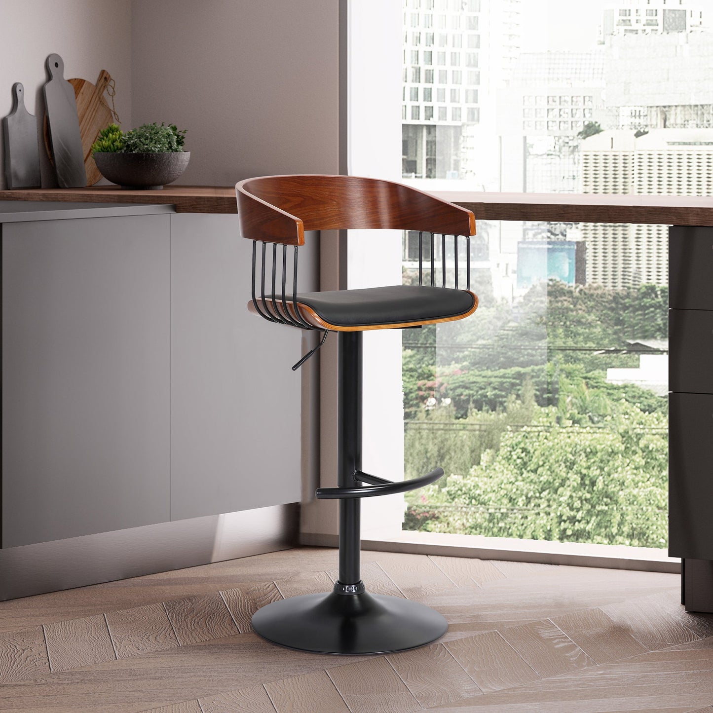 Larisa Adjustable Wood Bar Stool in Faux Leather with Golden Bronze and Black Metal
