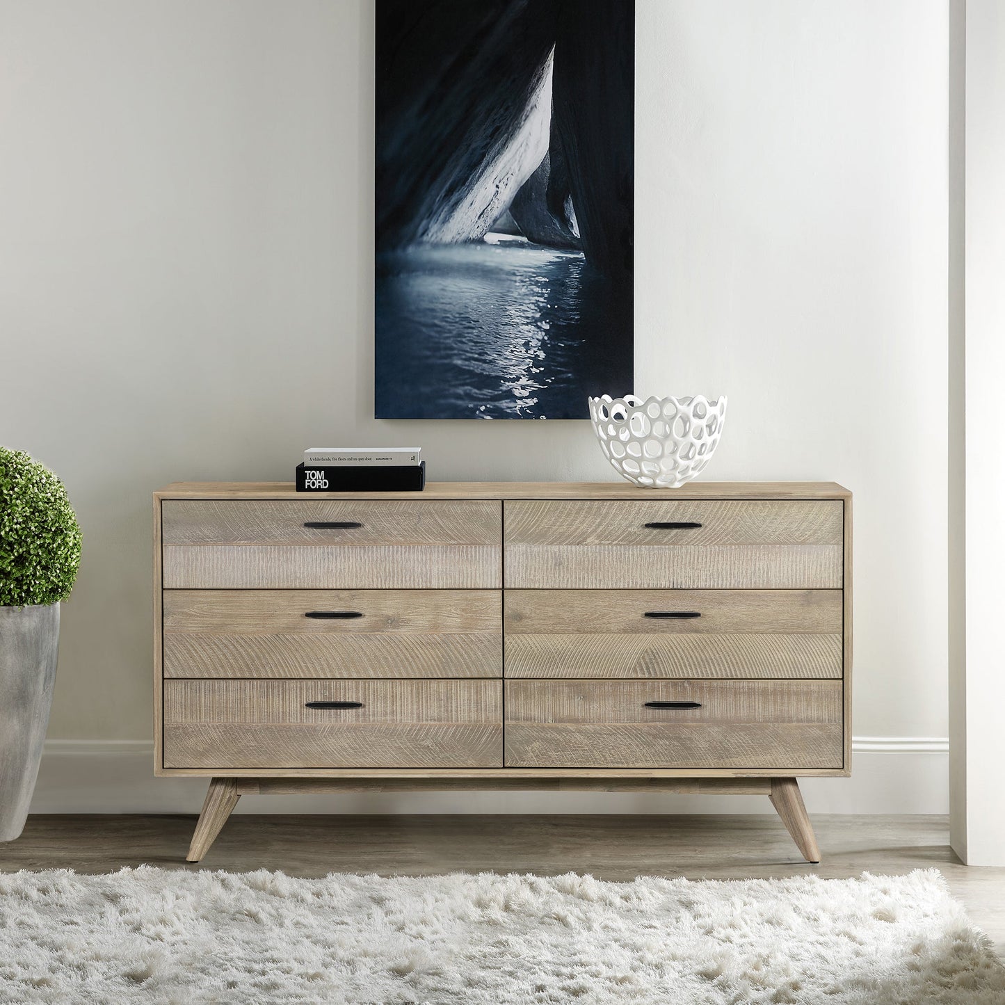 Baly Acacia Mid-Century Gray 6 Drawer Dresser