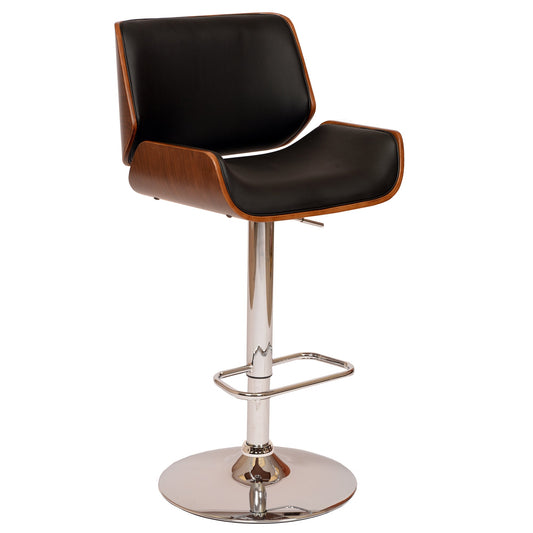 London Faux Leather Adjustable Height Swivel Walnut Wood and Chrome Bar Stool