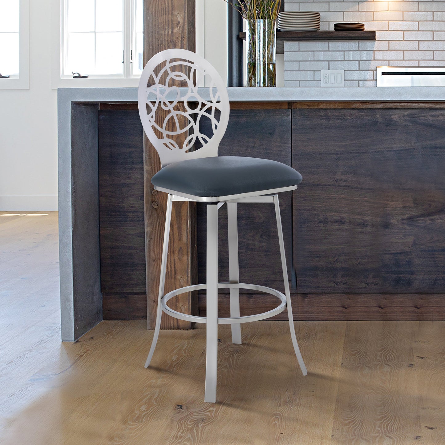 Lotus Contemporary 30" Bar Height Barstool in Brushed Stainless Steel and Matte Black Finish