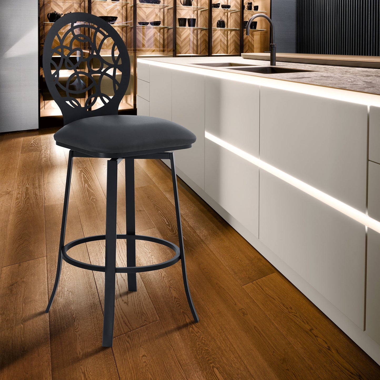 Lotus Contemporary 30" Bar Height Barstool in Brushed Stainless Steel and Matte Black Finish